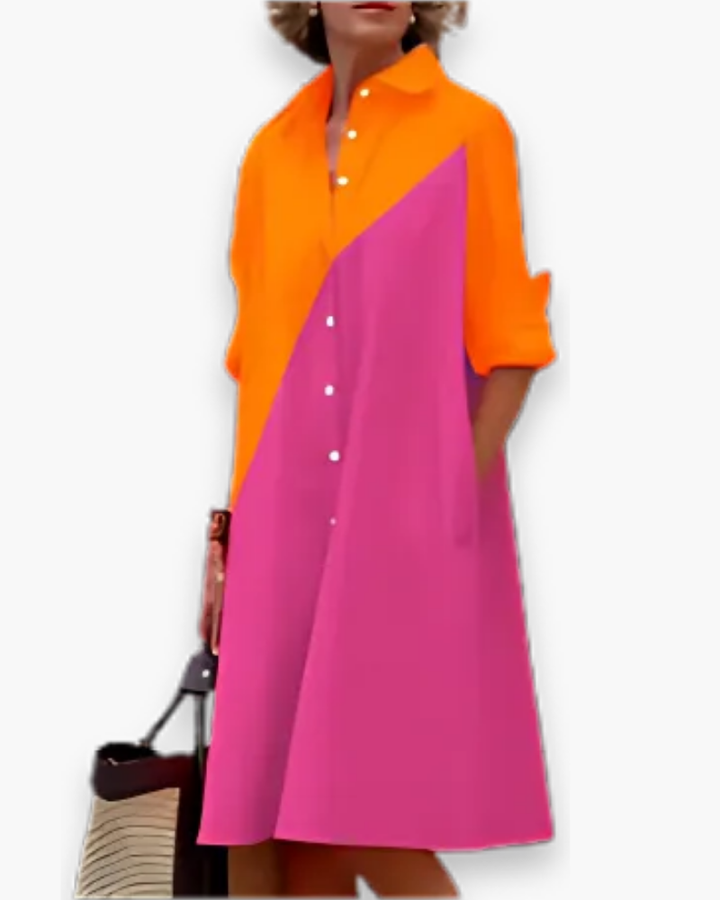 Robe chemise femme polyvalente, ample et chic, parfaite pour le printemps-été, style moderne décontracté.