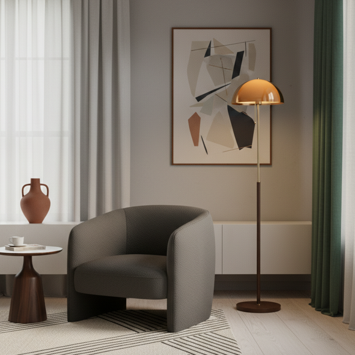 Créer une ambiance cosy avec cette lampe de sol Rustina, dôme ambre et lumière chaude rétro salon.