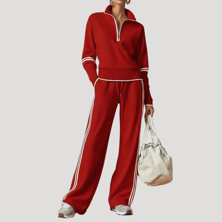 Ensemble chic et confortable pour femme en maille, col zippé et pantalon large. Tendance mode détente.