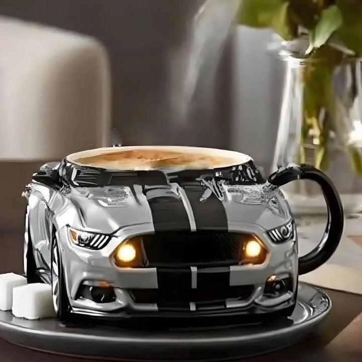 Tasse à café originale en résine et acier inoxydable, design voiture 3D. Idéale pour passionnés d'automobile.