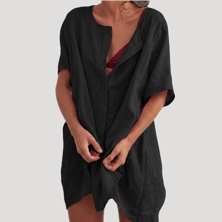 Polyvalente robe tunique femme, col V, ample, confortable et élégante au quotidien.