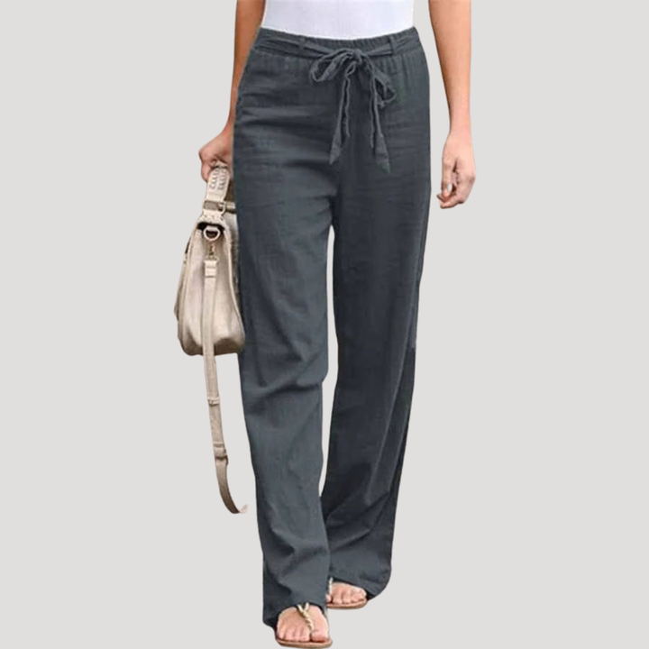 Pantalon léger en lin pour femme, coupe droite. Idéal pour le confort estival, style décontracté et respirant.