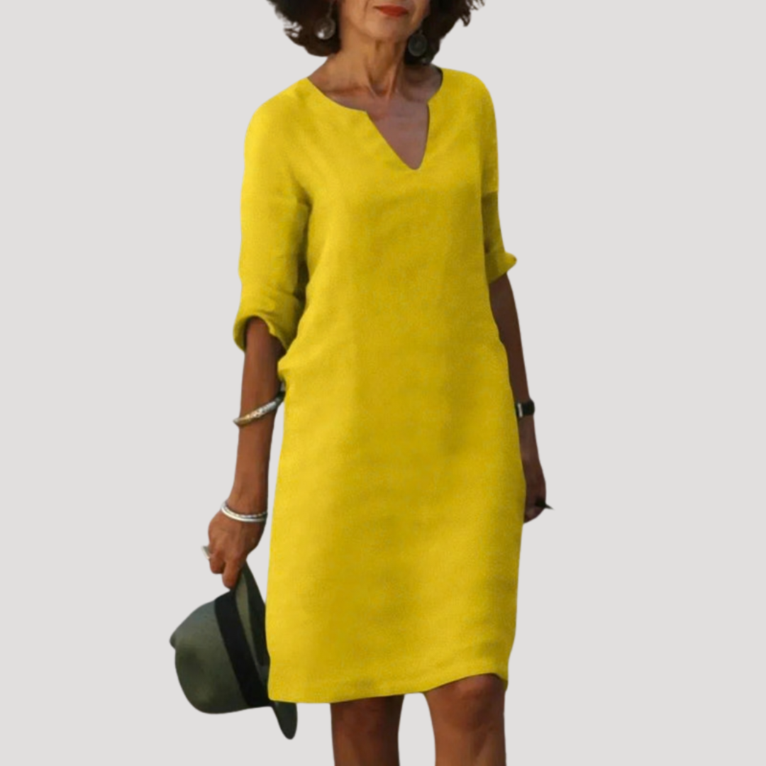 Robe midi femme confortable, style chic décontracté. Vêtement fluide élégant, parfait pour le quotidien printemps-été.