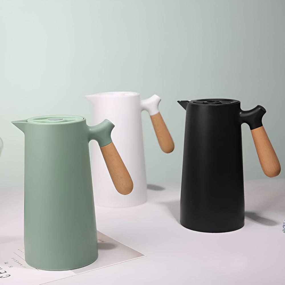 Carafe thermos isotherme 1L, poignée en bois. Garde boissons chaudes/froides. Idéale pour bureau/maison.