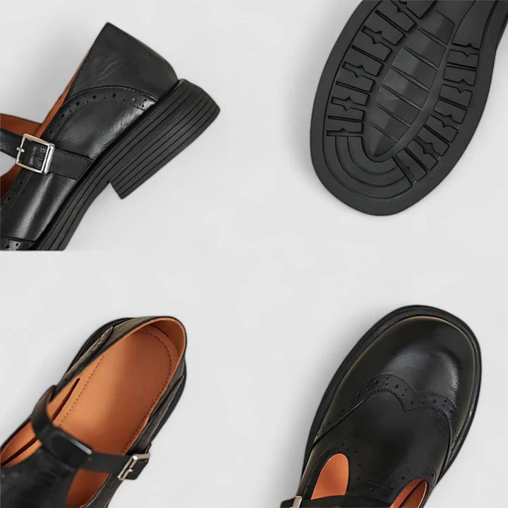 Mary Jane artisanales en cuir brun, style classique intemporel pour femmes, confort et élégance assurés.