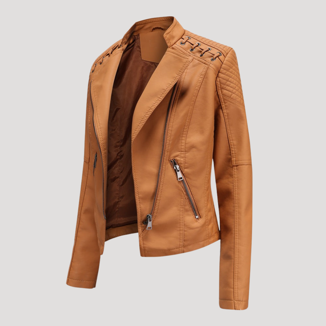 Veste femme ajustée style biker avec lacets décoratifs, pour une touche unique et un look affirmé.