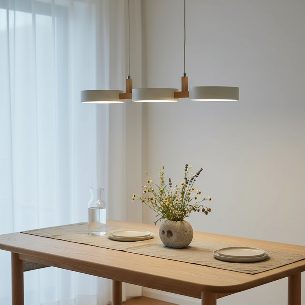 Lustre LED à éclairage multiple, design contemporain pour grande cuisine ou salon.