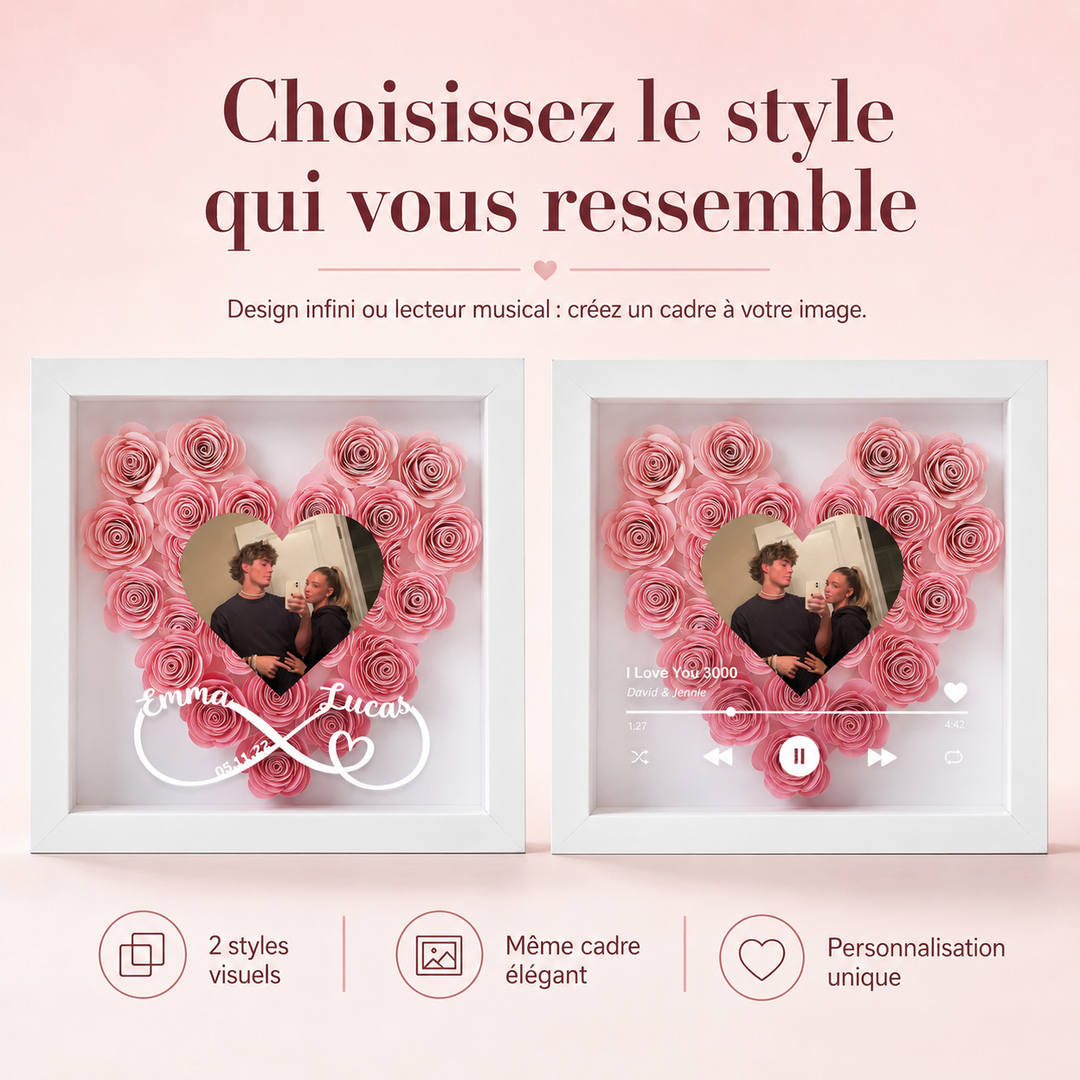Cadeau romantique : cadre photo cœur personnalisable, idéal pour commémorer un anniversaire de couple.