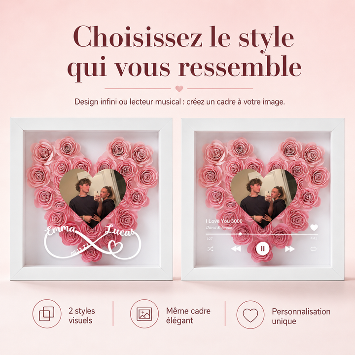 Cadeau romantique : cadre photo cœur personnalisable, idéal pour commémorer un anniversaire de couple.