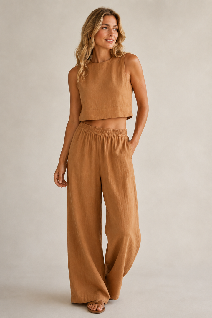 Ensemble décontracté deux pièces pour femme, parfait pour la belle saison, mode féminine chic.