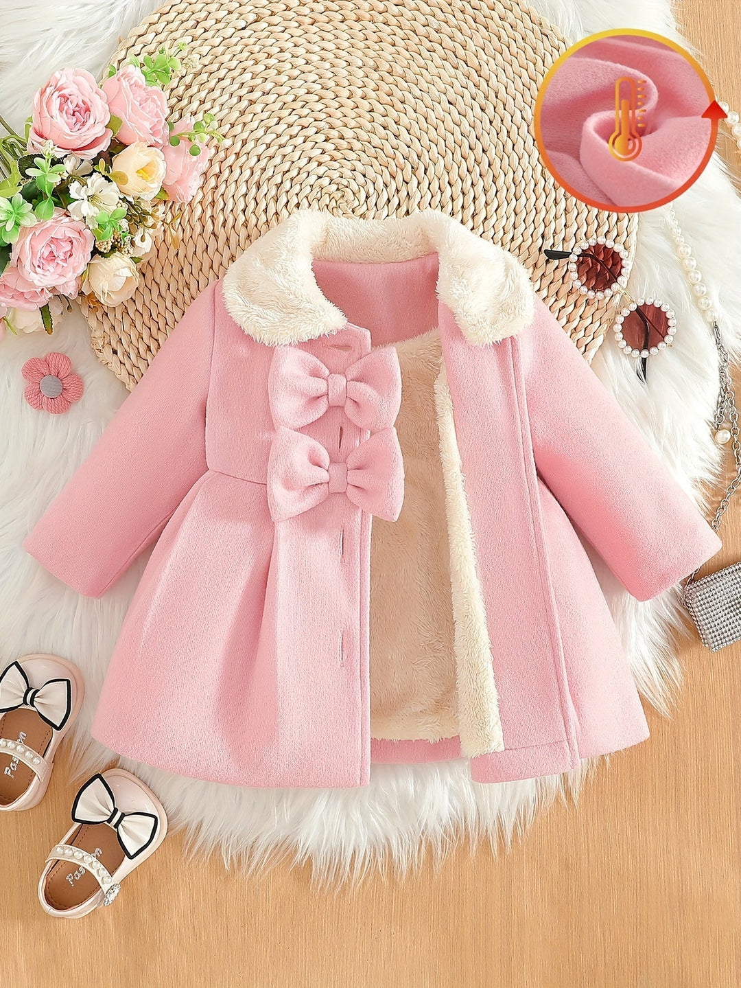 Manteau d'hiver fille rose clair avec nœud élégant et col en peluche chaud, vêtement enfant stylé.