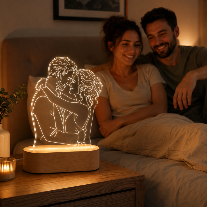 Éclairage LED AuraGlow avec photo et message personnalisé, parfait pour créer une ambiance romantique.