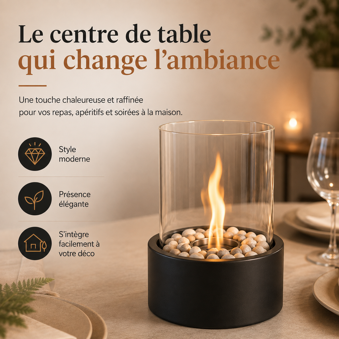 Lampe d'ambiance décorative, foyer de table pour une atmosphère chaleureuse intérieur ou extérieur.