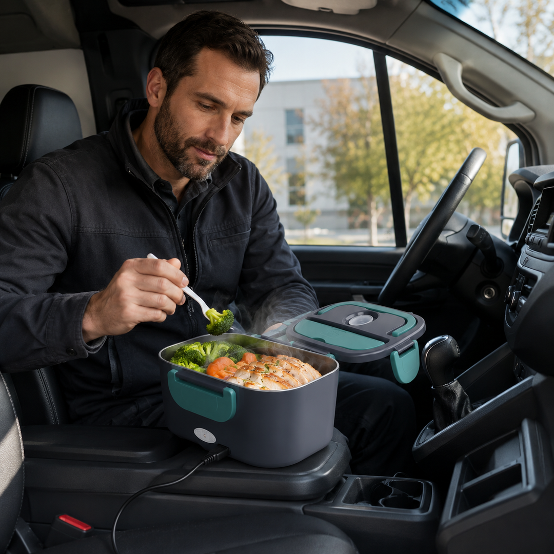 Boîte repas nomade électrique. Mangez chaud au bureau ou en voiture avec ce chauffe-plat portable en inox.