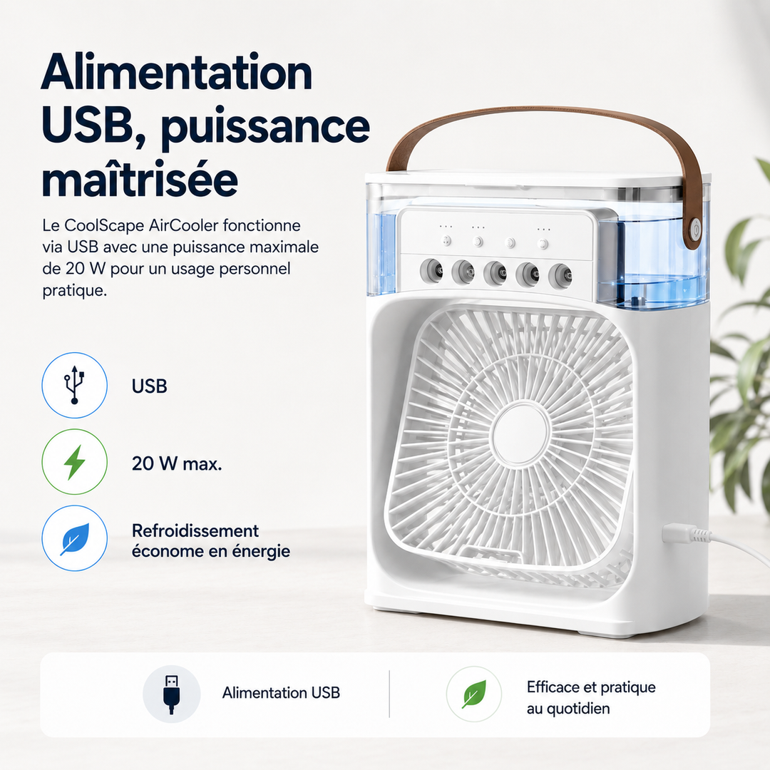 Rafraîchisseur d'air CoolScape 3-en-1. Appareil évaporatif USB pour une fraîcheur intense et personnalisée.