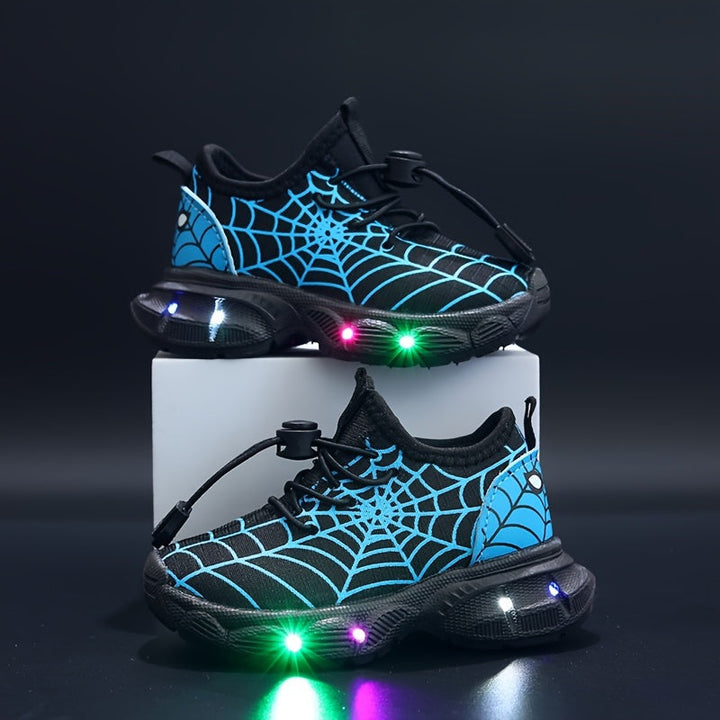 Baskets sport enfant à LED, motif toile d'araignée unique. Chaussures lumineuses.
