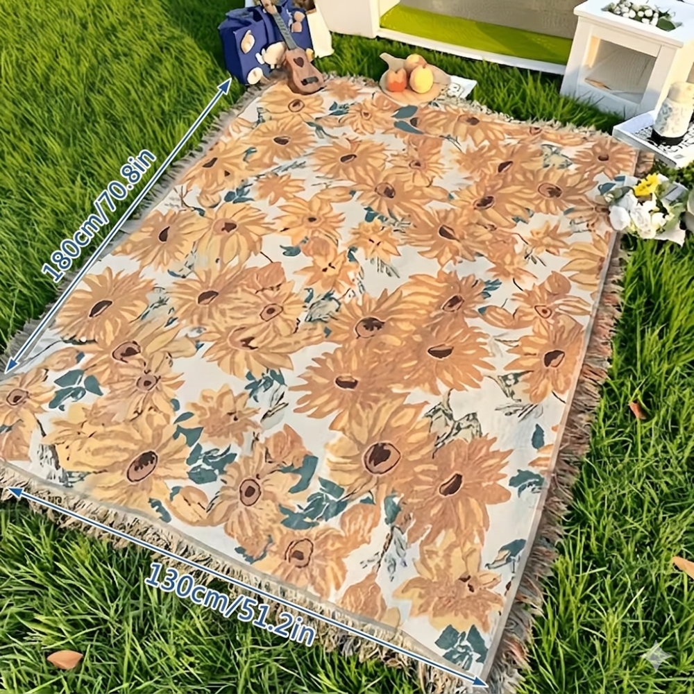Couverture de loisirs 180x230 cm, florale, imperméable, polyester, pour pique-niques et détente.