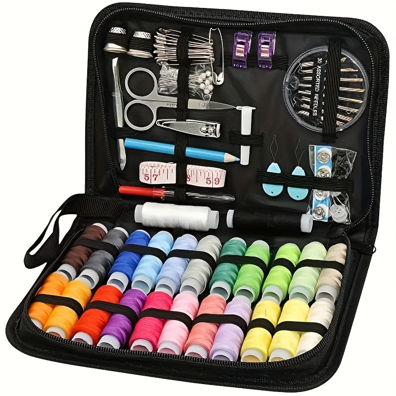 Kit de couture portable complet pour réparations rapides à la maison et en voyage, avec aiguilles et fils.