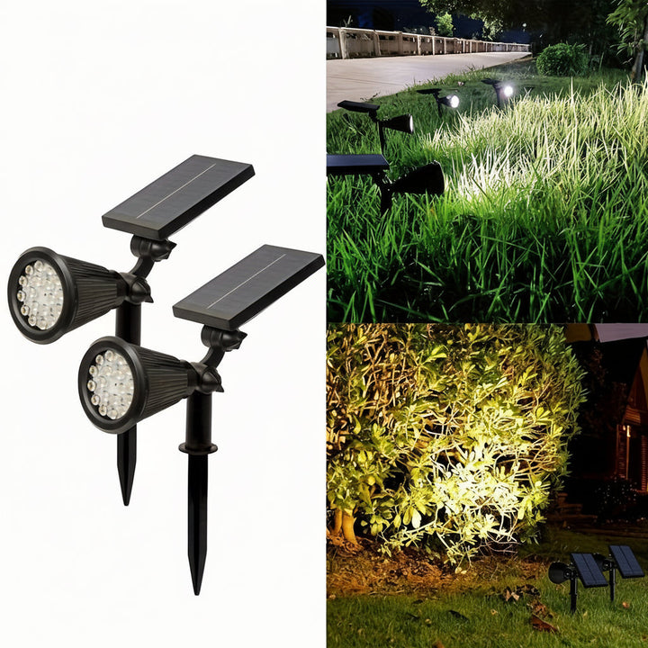 Éclairage jardin LED solaire autonome et étanche, 3 niveaux de gradation pour ambiance ou sécurité sur terrasse.