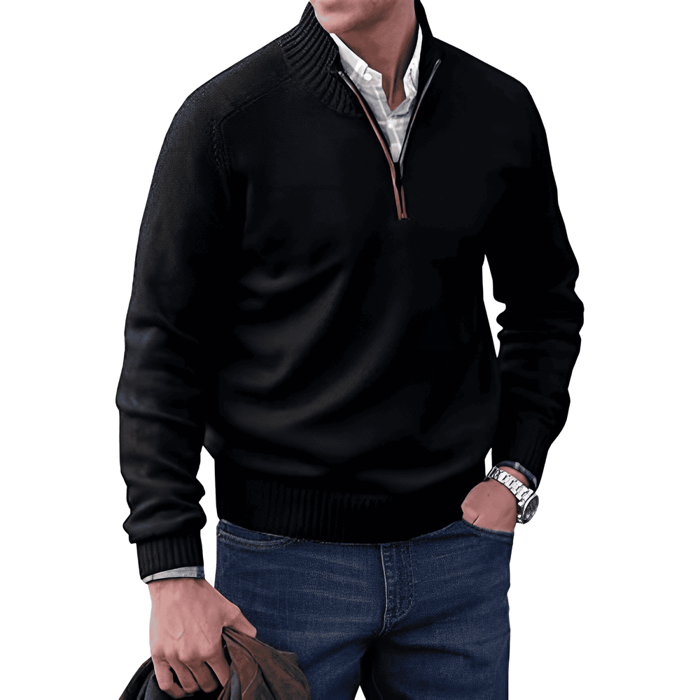 Pull homme zippé confortable, col montant en maille douce. Vêtement polyvalent pour toutes occasions.