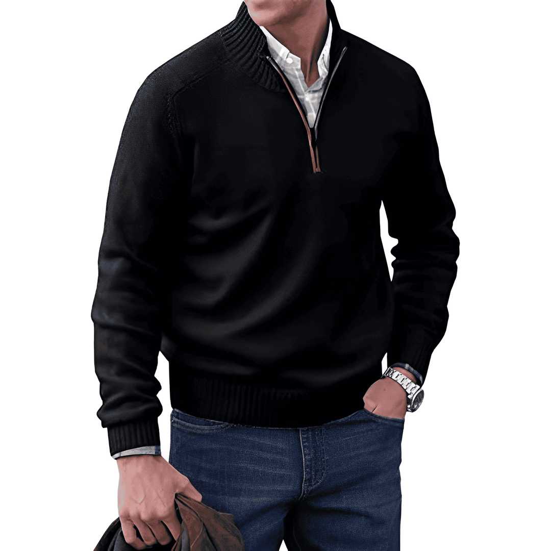 Pull homme zippé confortable, col montant en maille douce. Vêtement polyvalent pour toutes occasions.