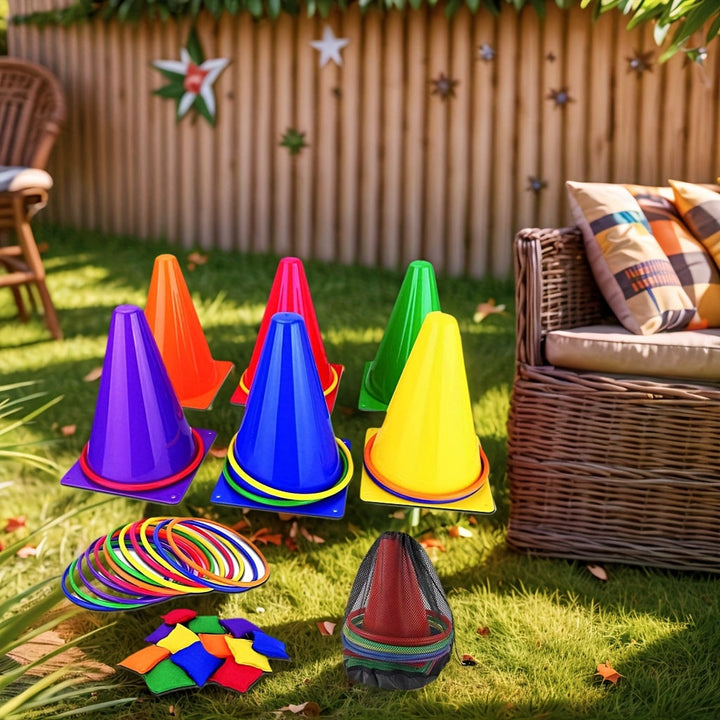 Ensemble de jeu de lancer très coloré : cônes, anneaux et sacs de haricots pour amuser les enfants et la famille.