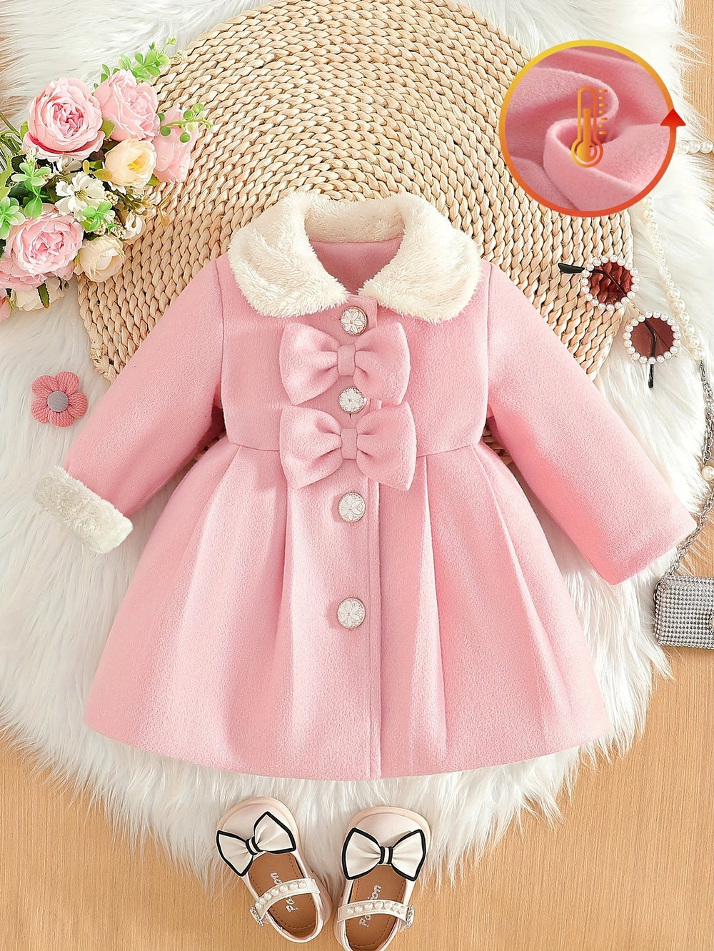 Manteau fille Lotte confortable pour l'hiver, rose pastel, doté d'un nœud et d'un col douillet en peluche.