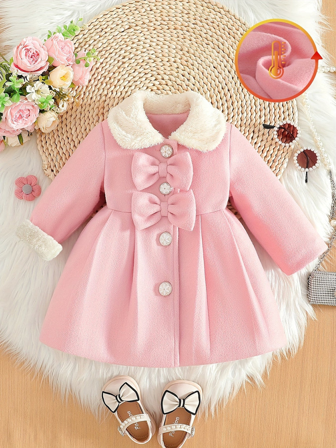 Manteau fille Lotte confortable pour l'hiver, rose pastel, doté d'un nœud et d'un col douillet en peluche.