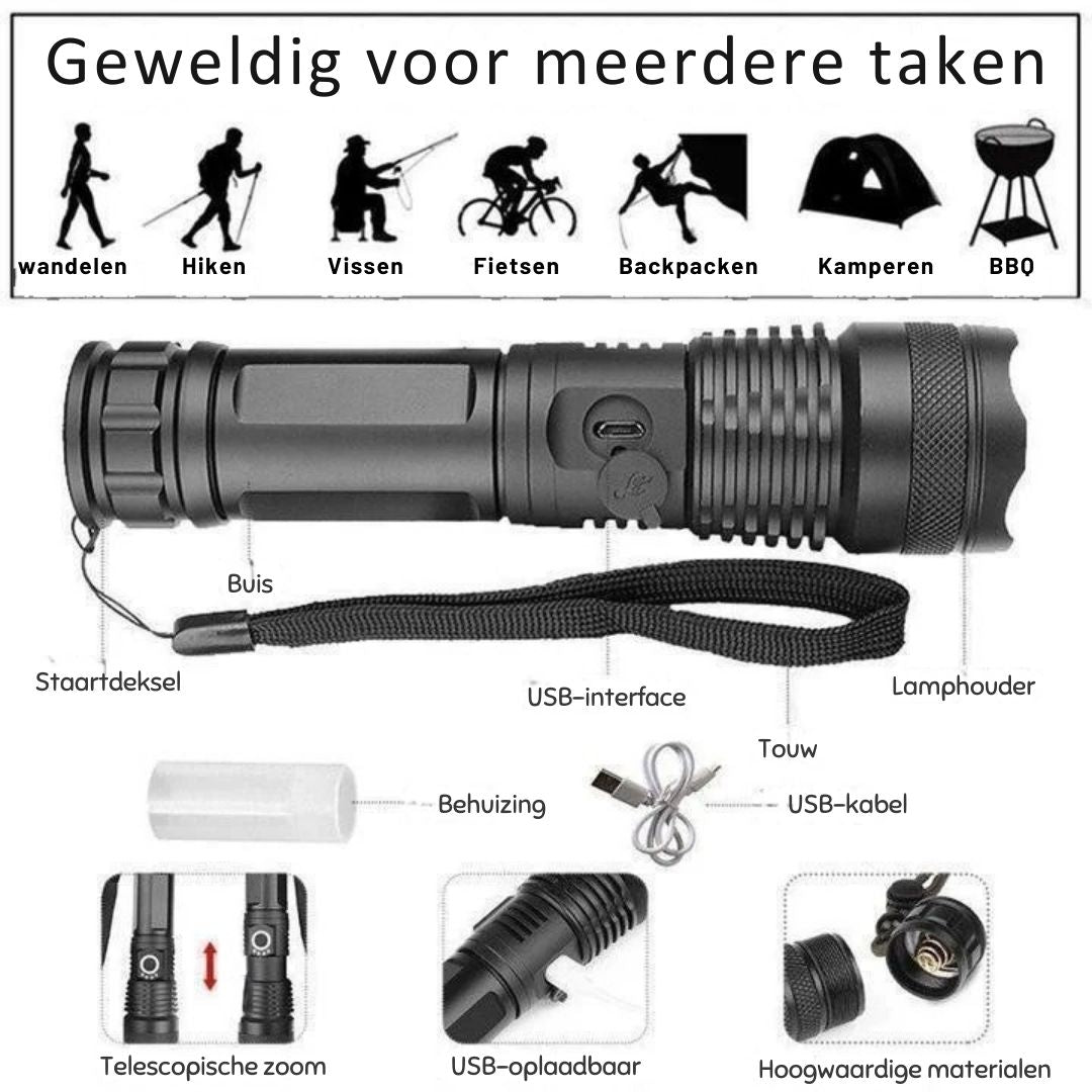 Lampe de poche LED compacte 90000 lumens XHP50.2. Éclairage puissant et portable pour l'aventure.
