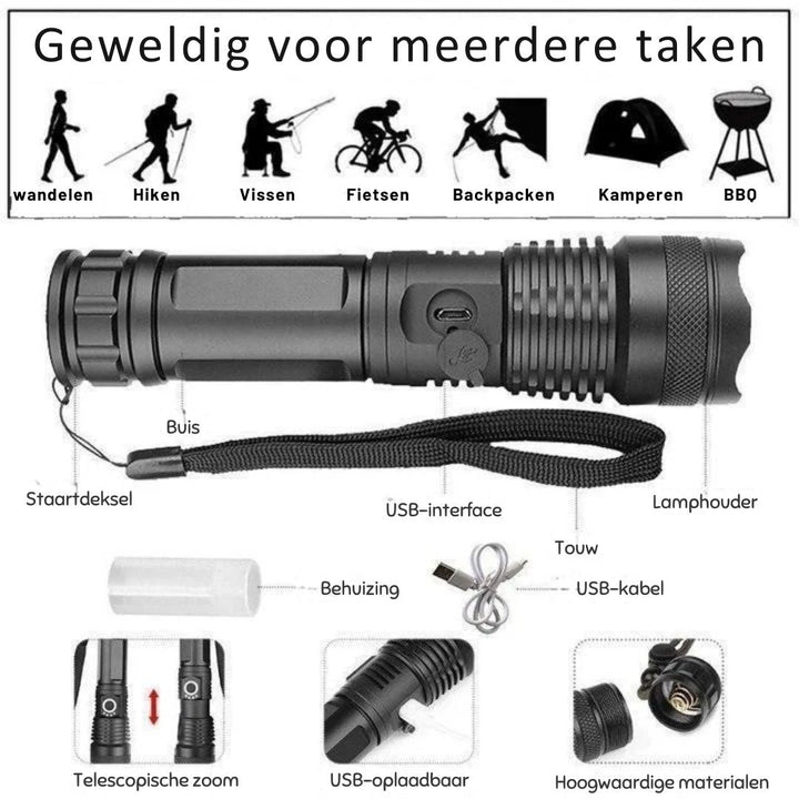 Lampe de poche LED compacte 90000 lumens XHP50.2. Éclairage puissant et portable pour l'aventure.