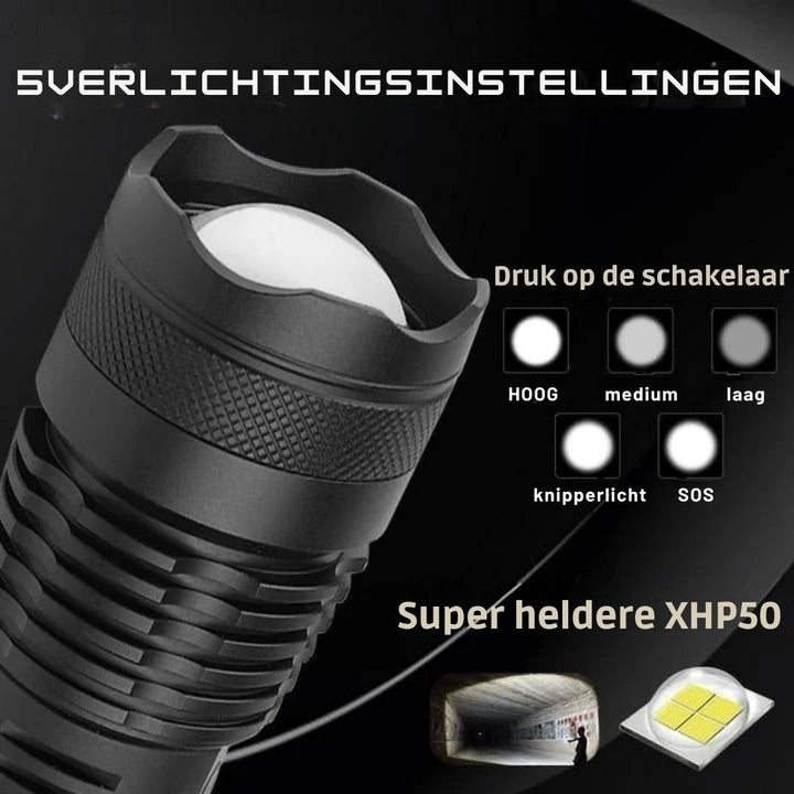 Lampe de poche LED puissante 90000 lumens. Rechargeable USB, indispensable pour camping et extérieur.