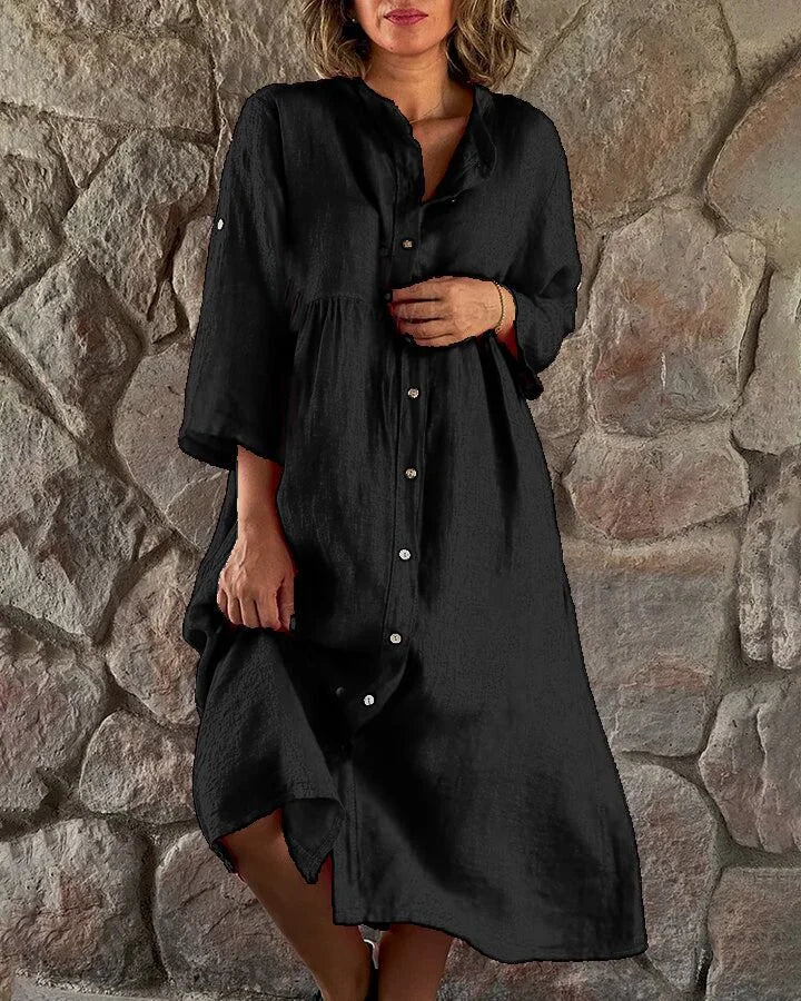 Robe chemise Alya femme, fluide et élégante, coupe midi. Parfaite pour le bureau ou l'été décontracté. Polyvalente.