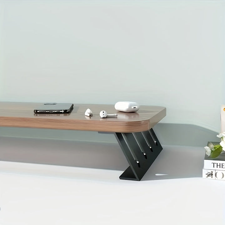 Support de bureau en bois de noyer pour moniteur et ordinateur portable, design ergonomique.