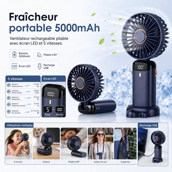 Ventilateur portable avec longue autonomie grâce à sa batterie 5000mAh. Silencieux, multifonction et compact.