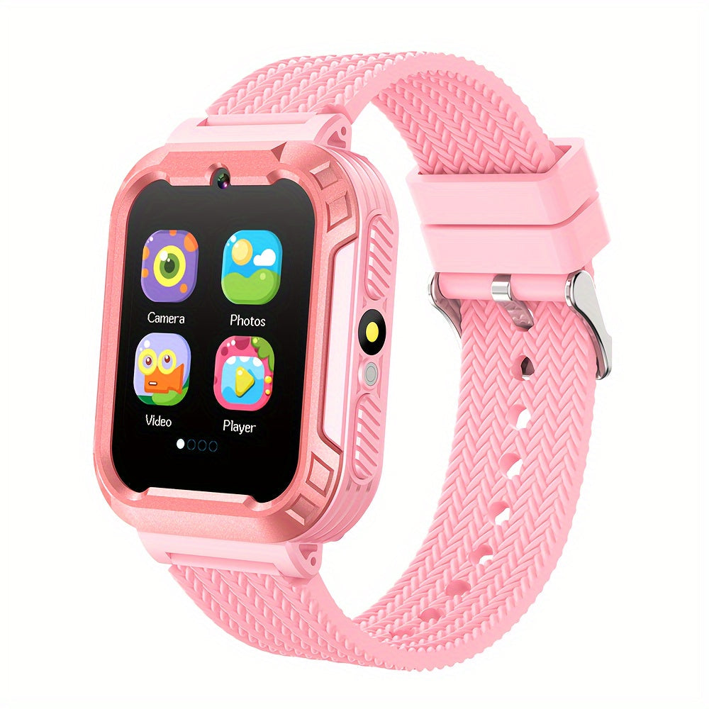 Montre intelligente enfant rose en silicone avec caméra intégrée, podomètre et fonctions éducatives.