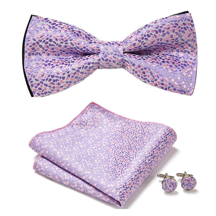 Nœud papillon, pochette, boutons de manchette homme en polyester, motifs variés.