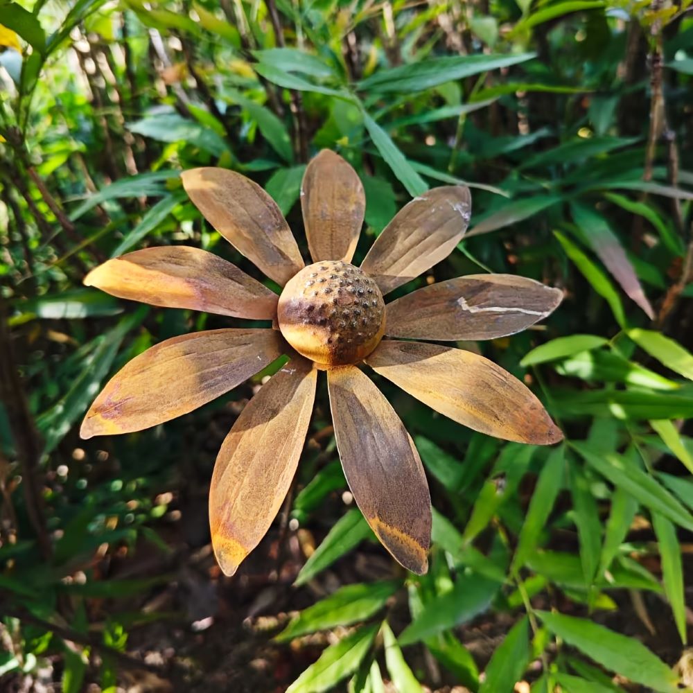 Détail d'un tuteur de jardin en métal, fleur de camomille rustique, idéal pour l'extérieur.