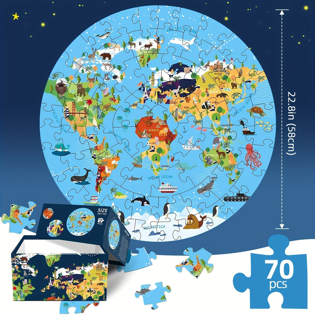 Puzzle de sol 70 pièces pour enfants, carte du monde illustrée d'animaux, jeu éducatif.