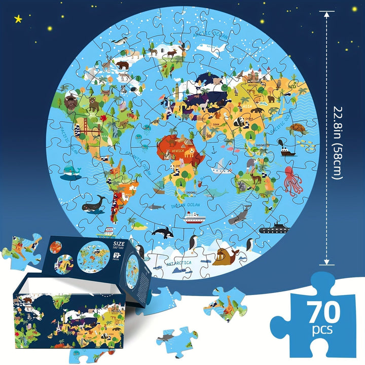 Puzzle éducatif 70 pièces, carte du monde avec animaux, jeu d'apprentissage géographique pour enfants.