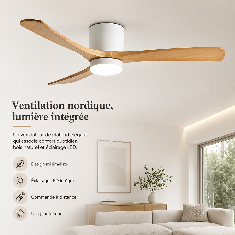 Design épuré : ventilateur de plafond LED silencieux, style scandinave, idéal pour maison.