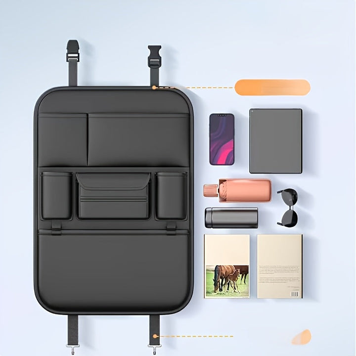 Organisateur de siège auto en cuir PU noir élégant et pratique pour rangement voiture compact.