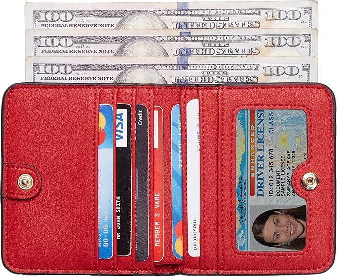 Portefeuille femme compact et organisé avec de nombreux compartiments et sécurité RFID intégrée.