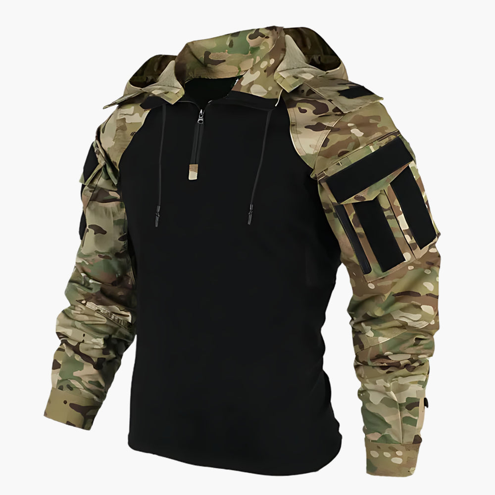 Veste tactique homme robuste, protection ultime vent et pluie pour extérieur, randonnée et aventure.