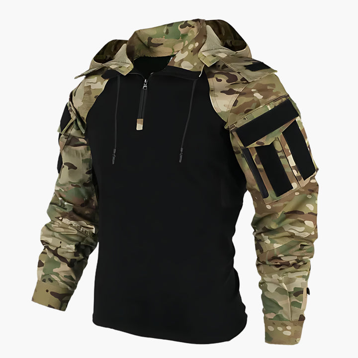 Veste tactique homme robuste, protection ultime vent et pluie pour extérieur, randonnée et aventure.