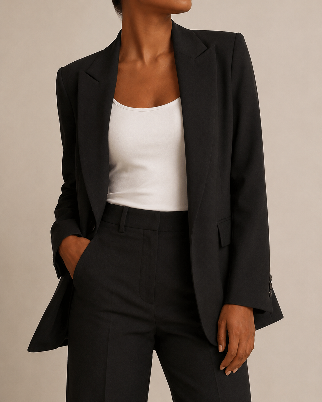 Tailleur femme élégant : blazer et pantalon, parfait pour le bureau ou une cérémonie.