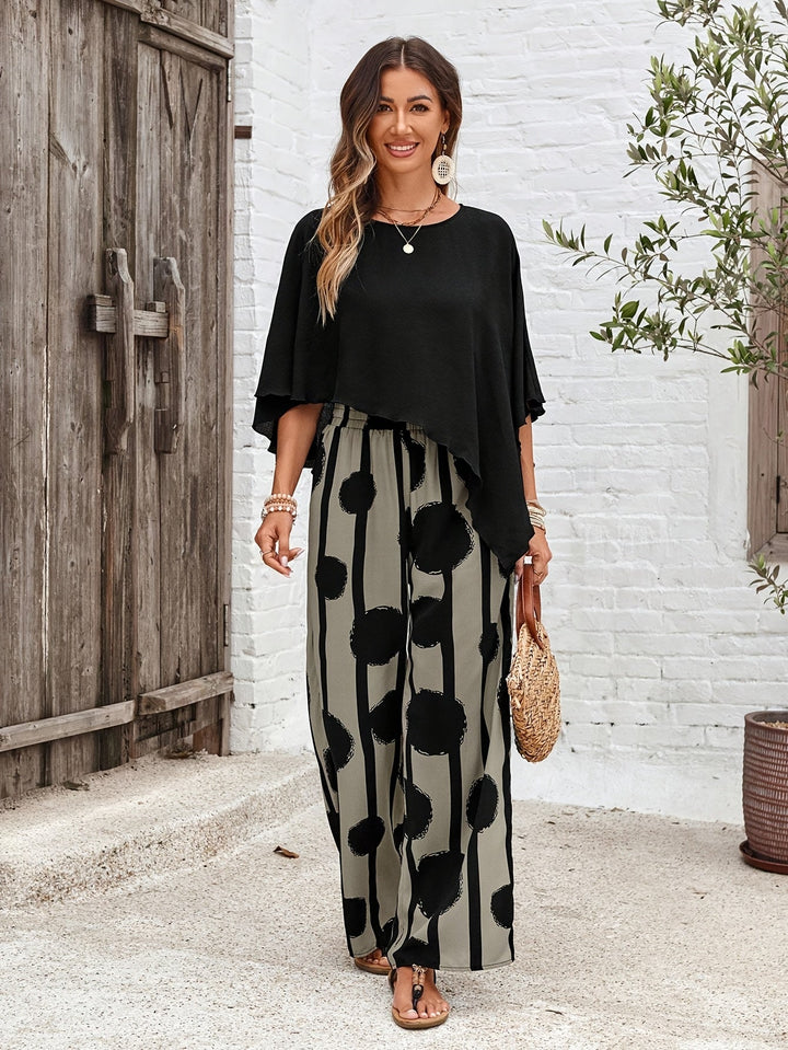 Vêtements femme: ensemble élégant deux pièces bohème chic. Pantalon large confortable et top assorti, idéal pour l'été et les vacances.