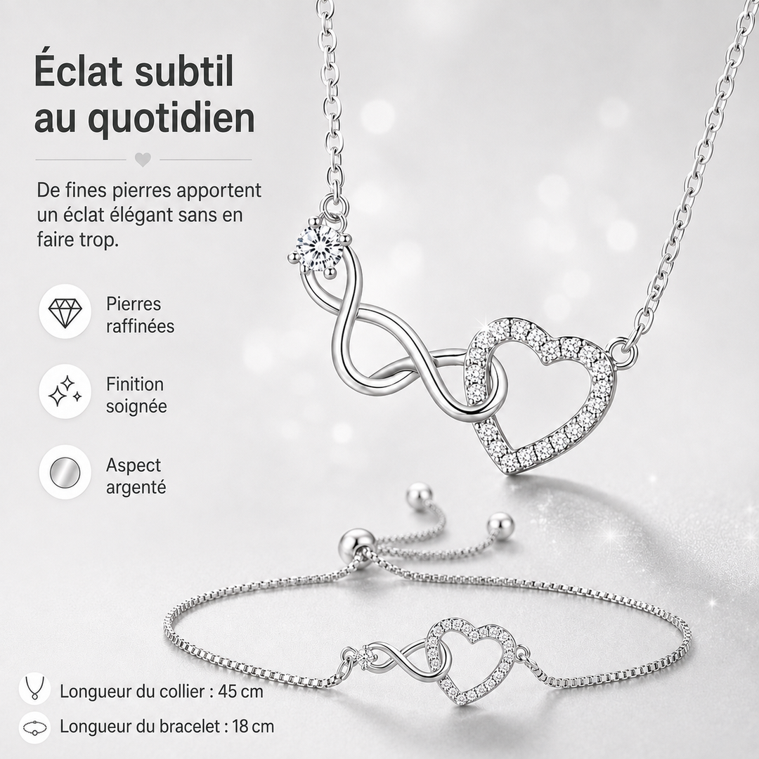 Bracelet cœur délicat et collier assorti en argent, cadeau romantique femme.