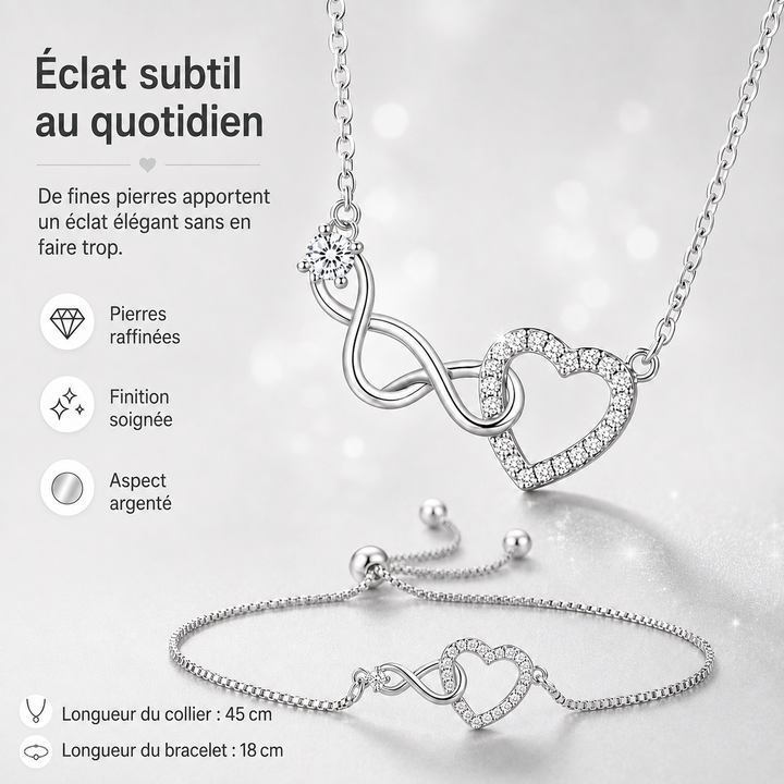 Bracelet cœur délicat et collier assorti en argent, cadeau romantique femme.