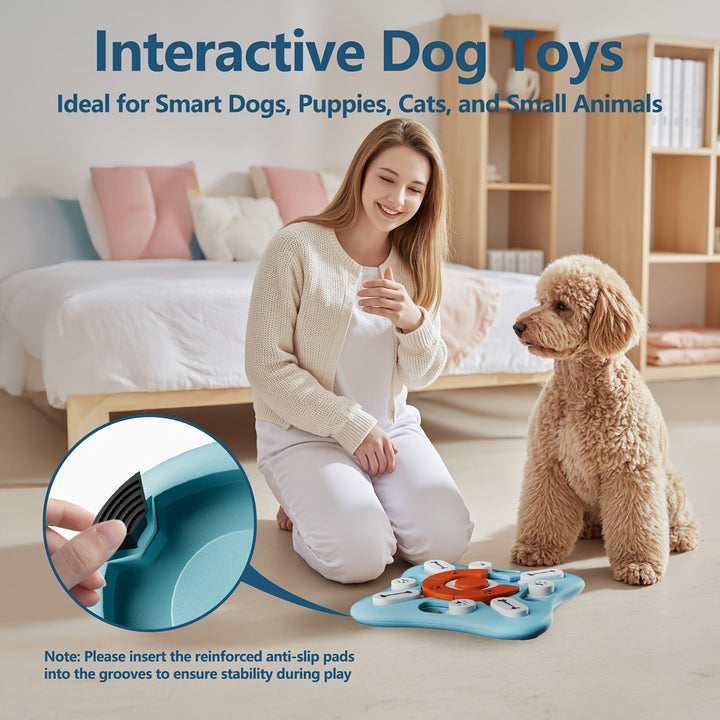 Développement des compétences de résolution avec ce puzzle interactif bleu pour chien et ses friandises.