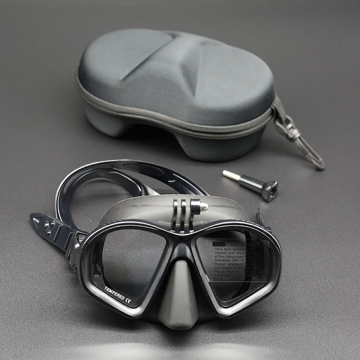 Accessoire aquatique : masque de plongée en verre trempé, anti-buée, avec attache caméra pour vidéos.